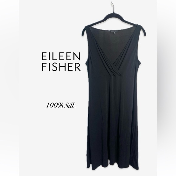 Eileen Fisher Dresses & Skirts - Eileen Fisher 100% Silk Jersey Faux Wrap V-neck Sleeveless Dress Black Small